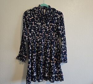 Navy Floral Kids Dress with Ruffle Details
